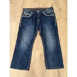Rock Revival Jeans Men 38x26 Blue Caine Straight Medium Wash Embroidered